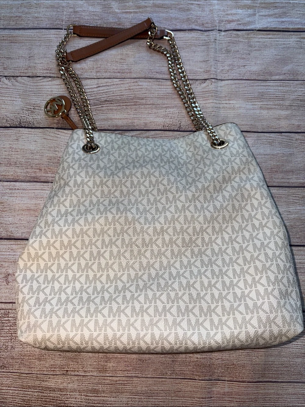 Michael Kors Cream Logo Shoulder or Crossbody Bag with Gold Accents and Chain